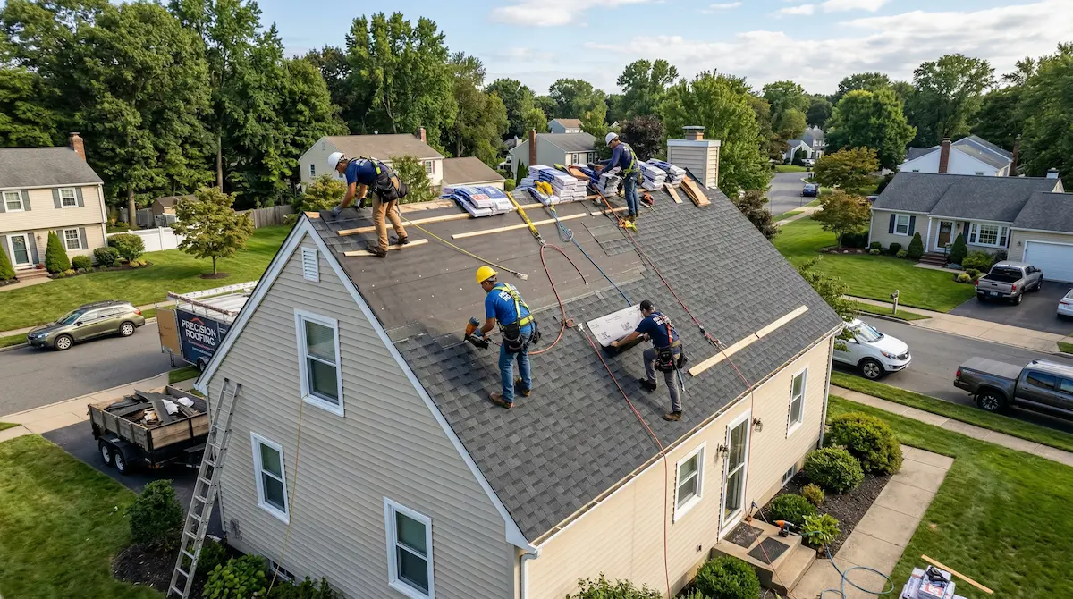 Roofing Team Working On Roof