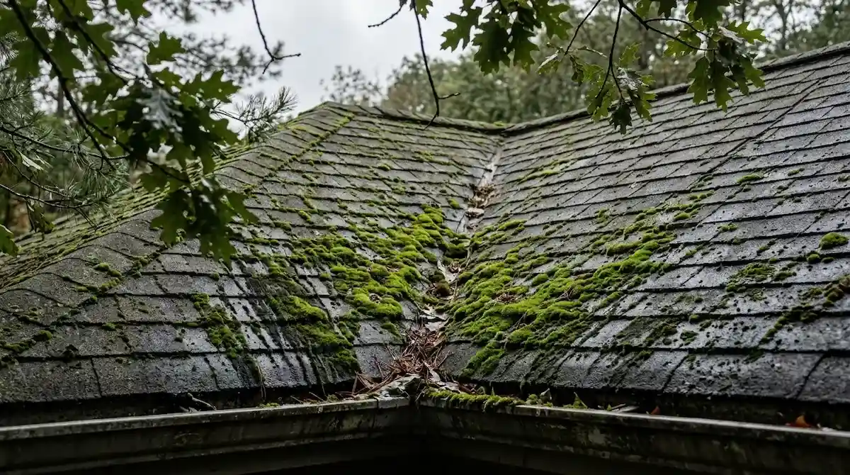 Green moss and dark algae streaking across asphalt shingles on a shaded residential roof in Pasadena California
