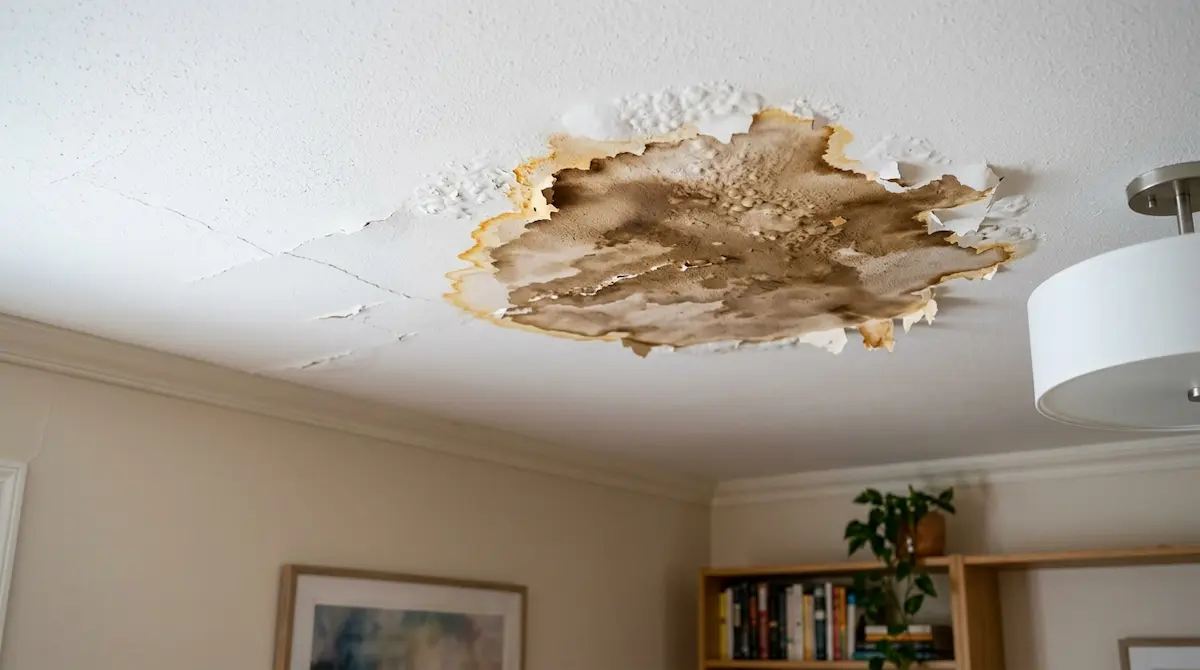 Brown water stain on interior ceiling drywall caused by a roof leak in a Pasadena CA home