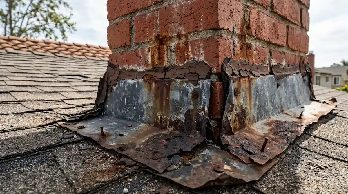 Cracked and deteriorating chimney flashing pulling away from roof on a Pasadena CA home