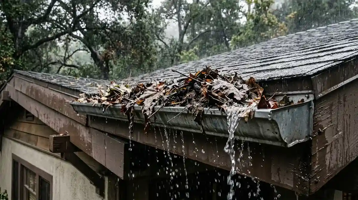 Overflowing gutters clogged with leaves and debris causing roof leak risk on a Pasadena CA home