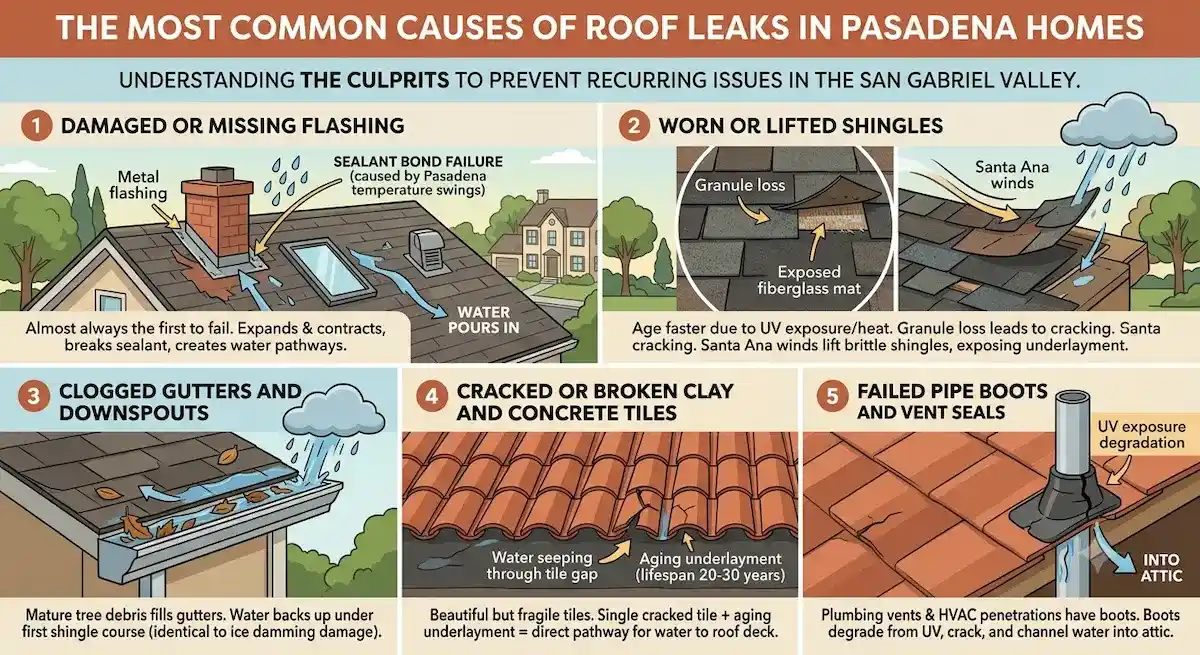 Residential roof showing cracked clay tiles lifted shingles damaged flashing around chimney and debris filled gutters in Pasadena CA