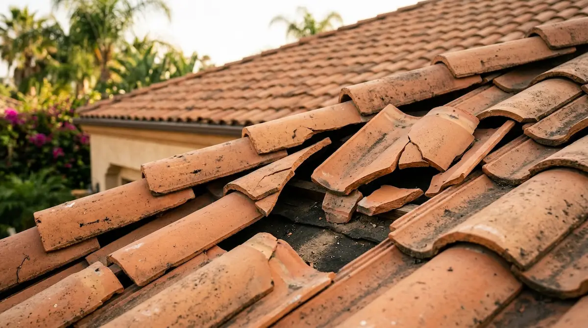 Close up of cracked and displaced terracotta clay tiles on a residential roof in Pasadena California