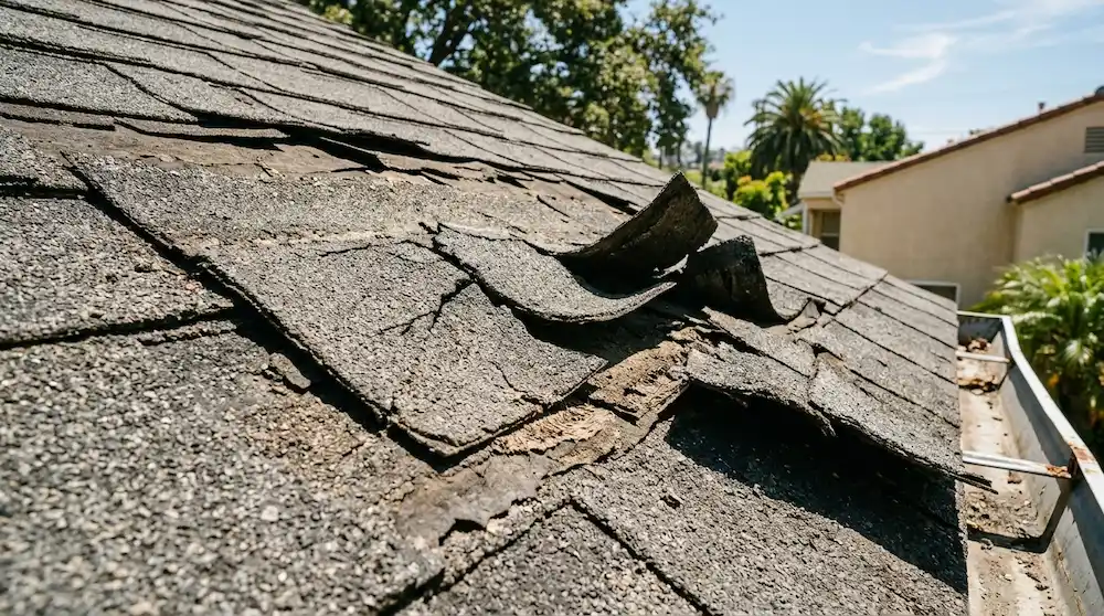 Close-up of missing, cracked, and curling asphalt shingles showing roof damage on a Pasadena home