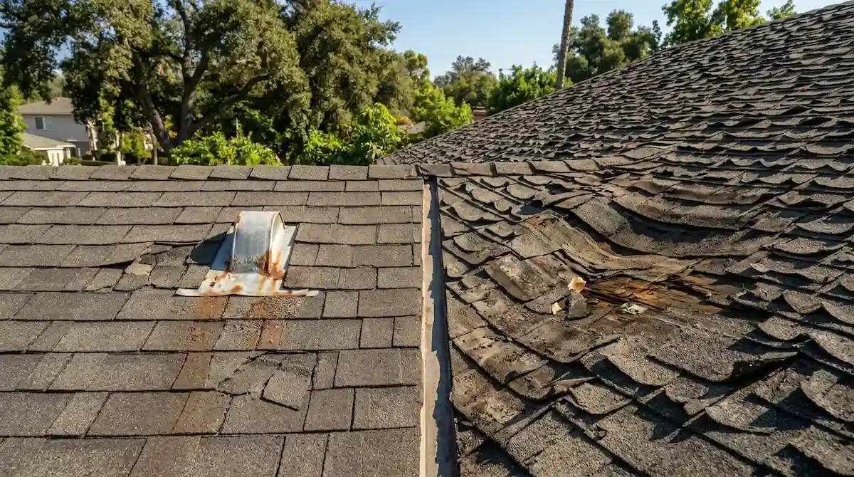 Close-up comparison of localized roof damage and widespread shingle deterioration on a Pasadena CA residential roof