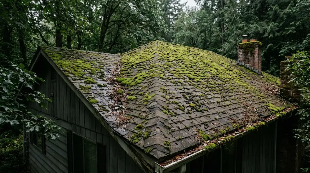 Moss and algae growth causing roof damage on residential home in Pasadena, California