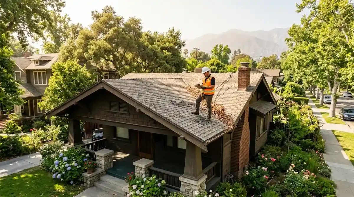 Licensed roofing contractor inspecting a Craftsman bungalow roof in Pasadena CA with San Gabriel Mountains in the background