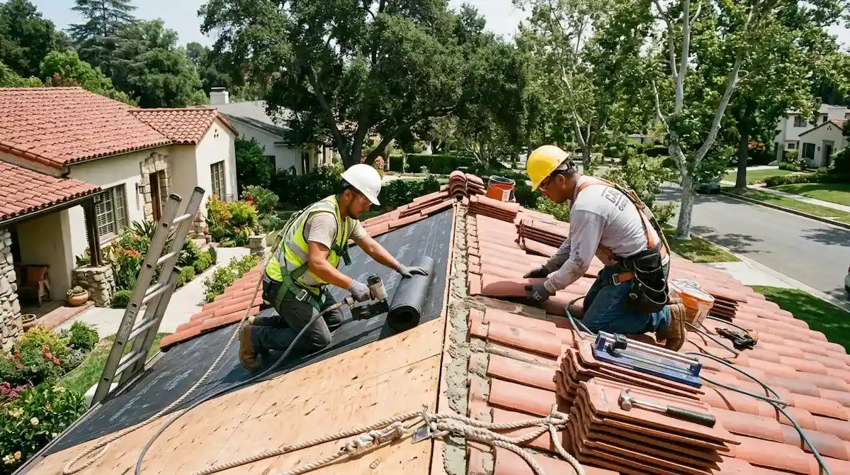 Two professional roofing contractors installing clay roof tiles and underlayment on a residential home in Pasadena CA during a sunny day