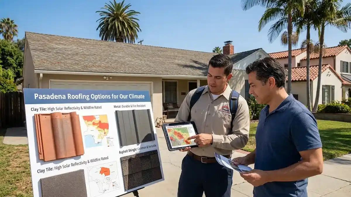 Roofing material samples including clay tile asphalt shingle and metal panel for Pasadena homes