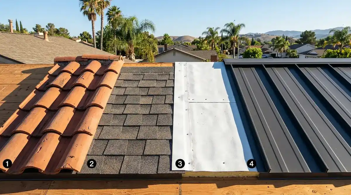 Close up comparison of four roofing material types used in Pasadena CA including clay tile asphalt shingles flat TPO membrane and metal roofing panels