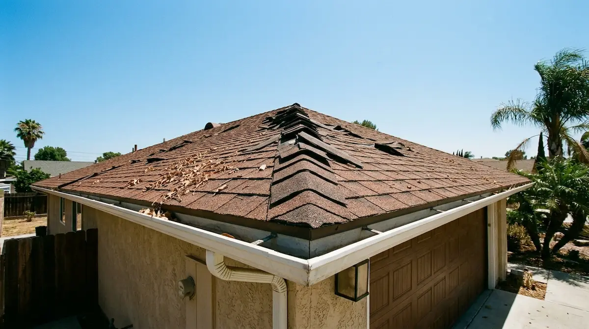 Residential roof in Pasadena California showing lifted and damaged asphalt shingles after a Santa Ana wind event